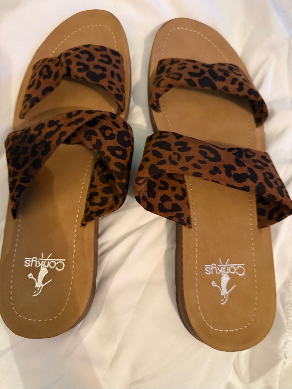 Corkys Tan Leopard Print Slide Sandals